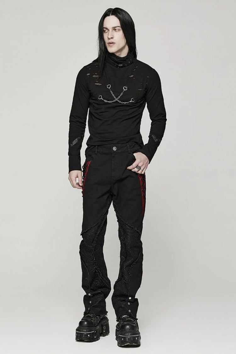Black Stand Collar Long Sleeves Ripped Metal Chain Mens Steampunk T-Shirt