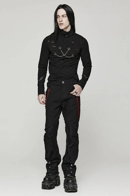 Black Stand Collar Long Sleeves Ripped Metal Chain Mens Steampunk T-Shirt