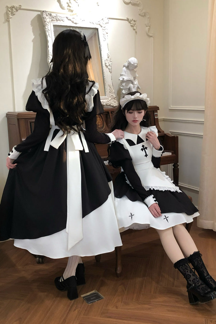 Black/White [Halloween Little Maid] Lapel Collar Long Sleeves Printed Ruffled Asymmetric Nun Gothic Lolita Dress