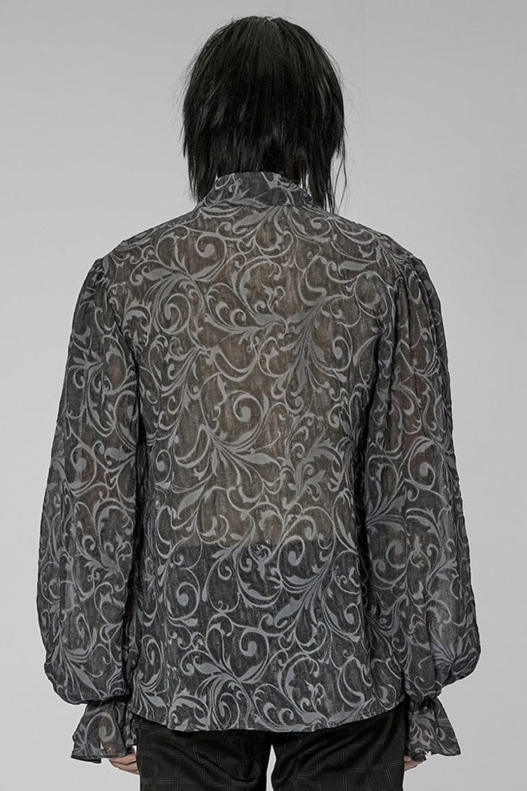 Gray Punk Chiffon Ruffle Stand Collar Wide Brimmed Lantern Sleeves Retro Relief Sculpture Embossing Men's Shirt