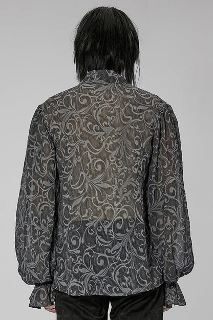 Gray Punk Chiffon Ruffle Stand Collar Wide Brimmed Lantern Sleeves Retro Relief Sculpture Embossing Men's Shirt