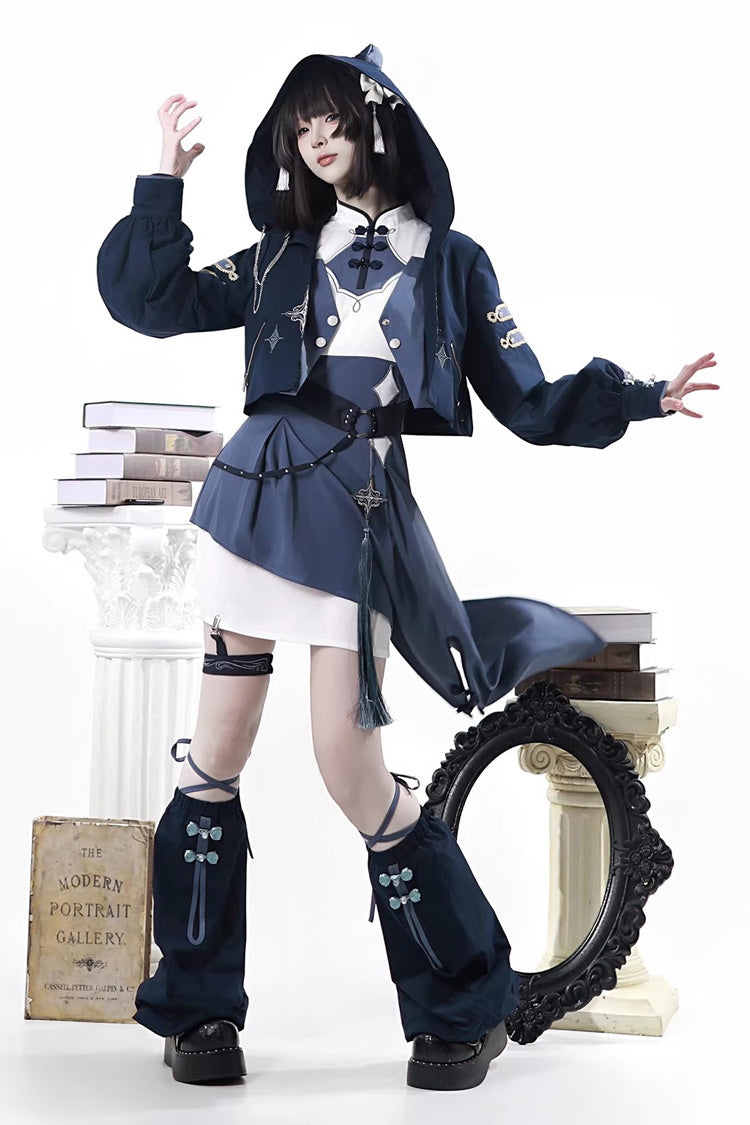Blue [Indigo Shadow Journey] Stand Collar Long Sleeves Embroidered Hooded Asymmetric Punk Ouji Lolita Dress Four-Piece Set