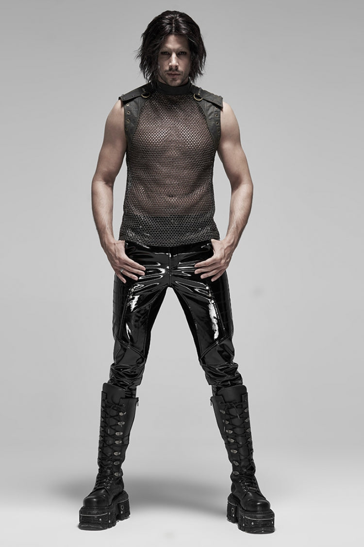 High Collar Sleeveless Rivet Decoration Sheer Mesh Men's Steampunk Vest 2 Colors
