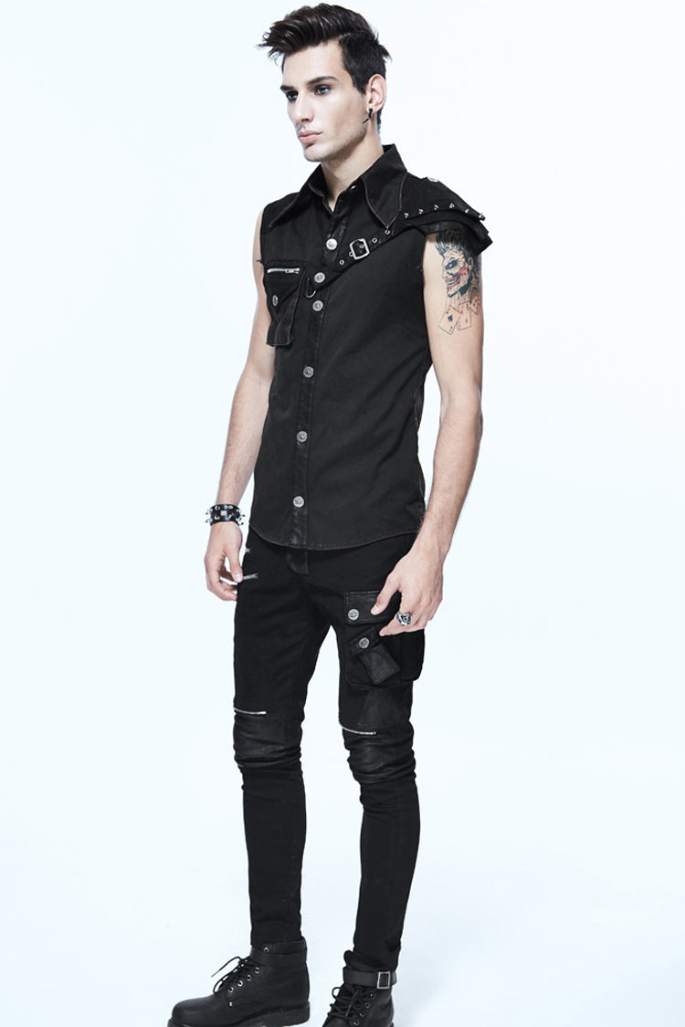 Black Sleeveless Twill One-Shoulder Armor Heat Seal Men's Punk Shirt