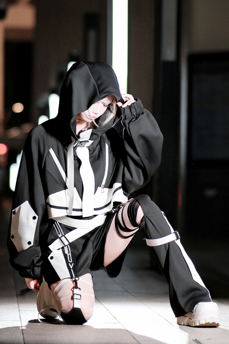 Black/White [Zero-Type Transformation] Techwear Long Sleeves Embroidered Hooded Punk Jirai Kei Shorts Coat Set