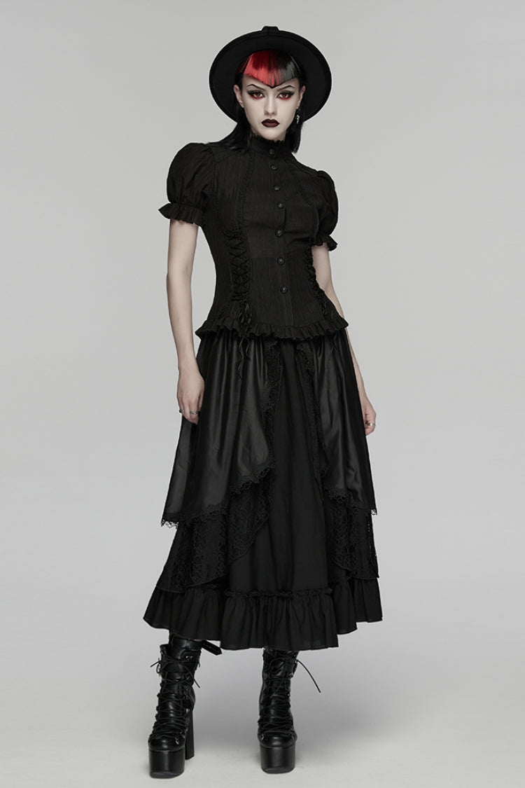Black Stand Collar Short Puff Sleeves Ruffled Lace-Up Women's Gothic Blouse