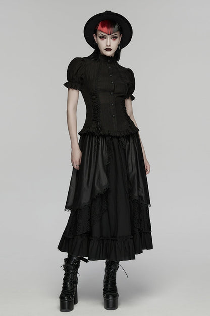 Black Stand Collar Short Puff Sleeves Ruffled Lace-Up Women's Gothic Blouse
