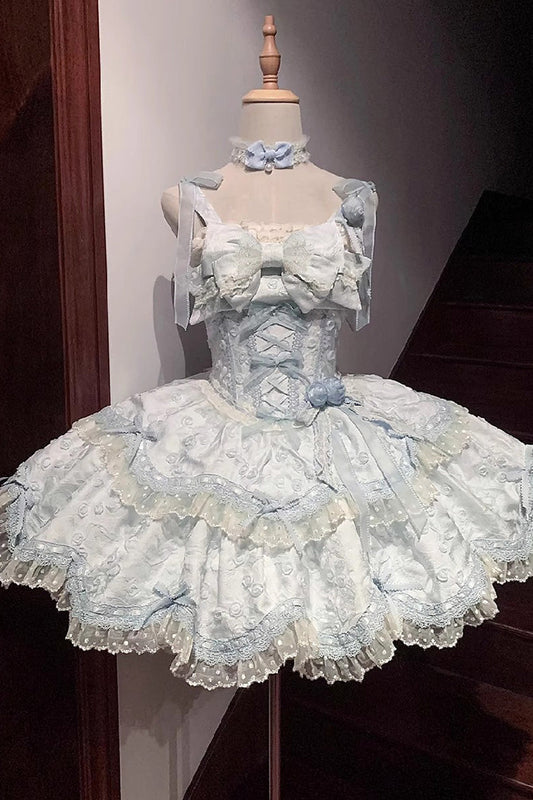 Blue [Floral Overture] Double-Layered Ruffle Embroidery Bowknot Lace Sweet Lolita Jsk Dress
