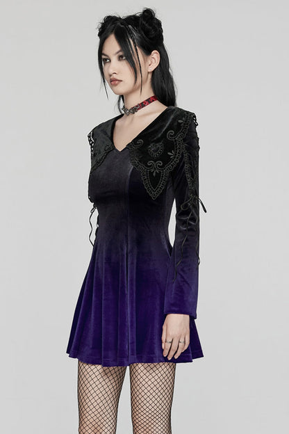 Black/Velvet Doll Collar Long Sleeves Gradient Embroidery Women's Gothic Prom Dress