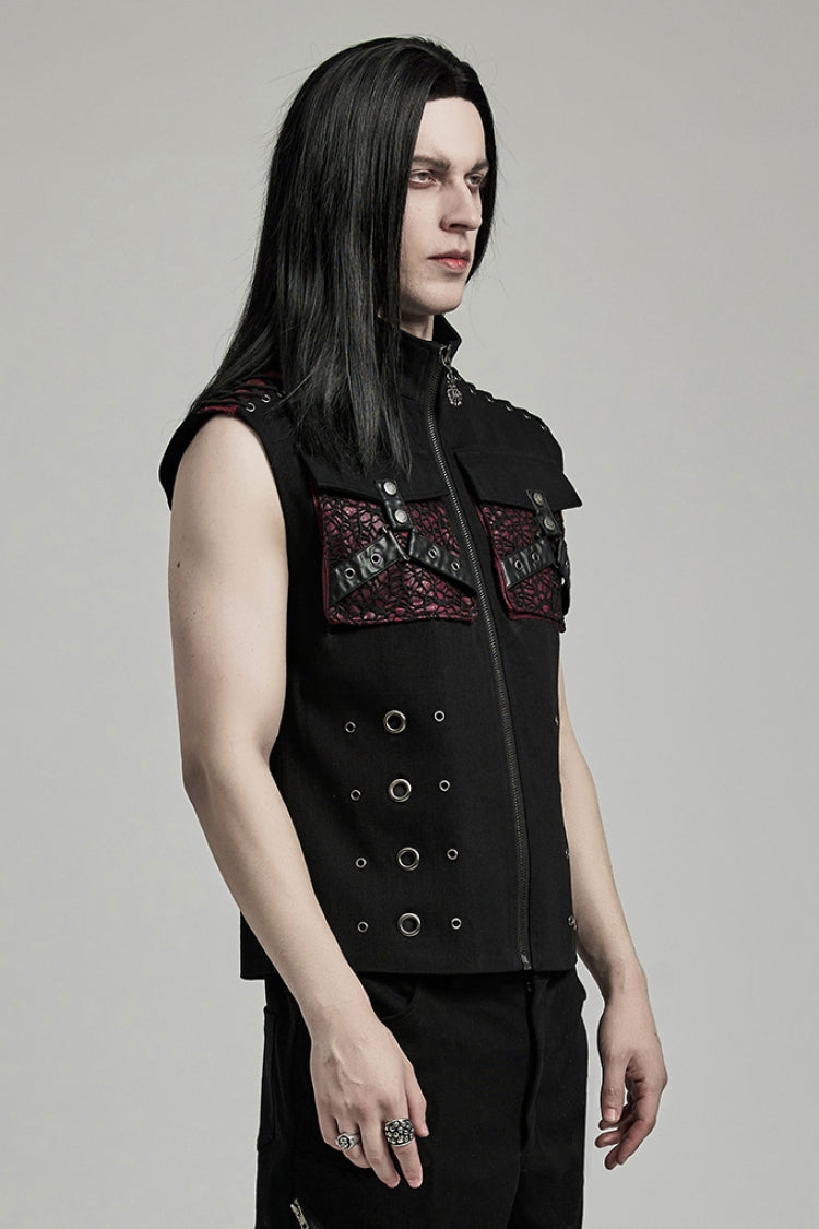 Black/Red Stand Collar Stitching Slim Men's Punk Vest