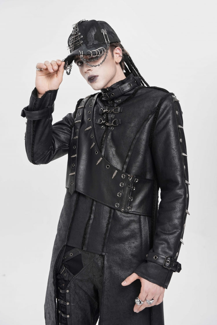 Black Stand Collar Rivet Buckle Zipper Men's Punk Coat