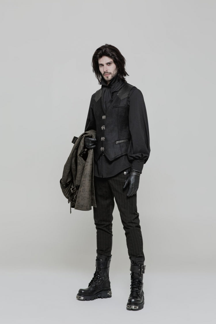 Black Sleeveless Print Stitching Metal Button Mens Steampunk Vest