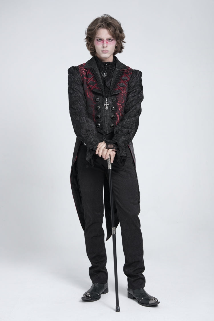 Black/Red Sleeveless Lace-Up Zipper Men's Gothic Swallow-tailed Vest