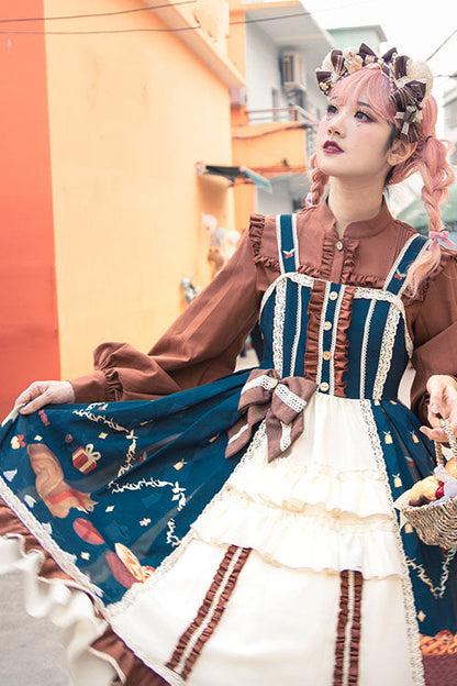 Blue/Brown Christmas Bread Squirrel Gift Print Cardigan Bowknot Multi-Layer Ruffled Sweet Lolita JSK Dress