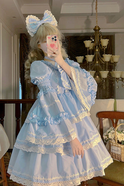 Blue Triple-Layered Detachable Sleeves Bowknot Lace-Up Sweet Lolita Dress