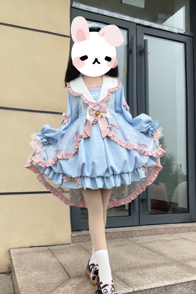 Blue Long Sleeves Music Notes Print Ruffle Bowknot Lace Sweet Lolita Dress