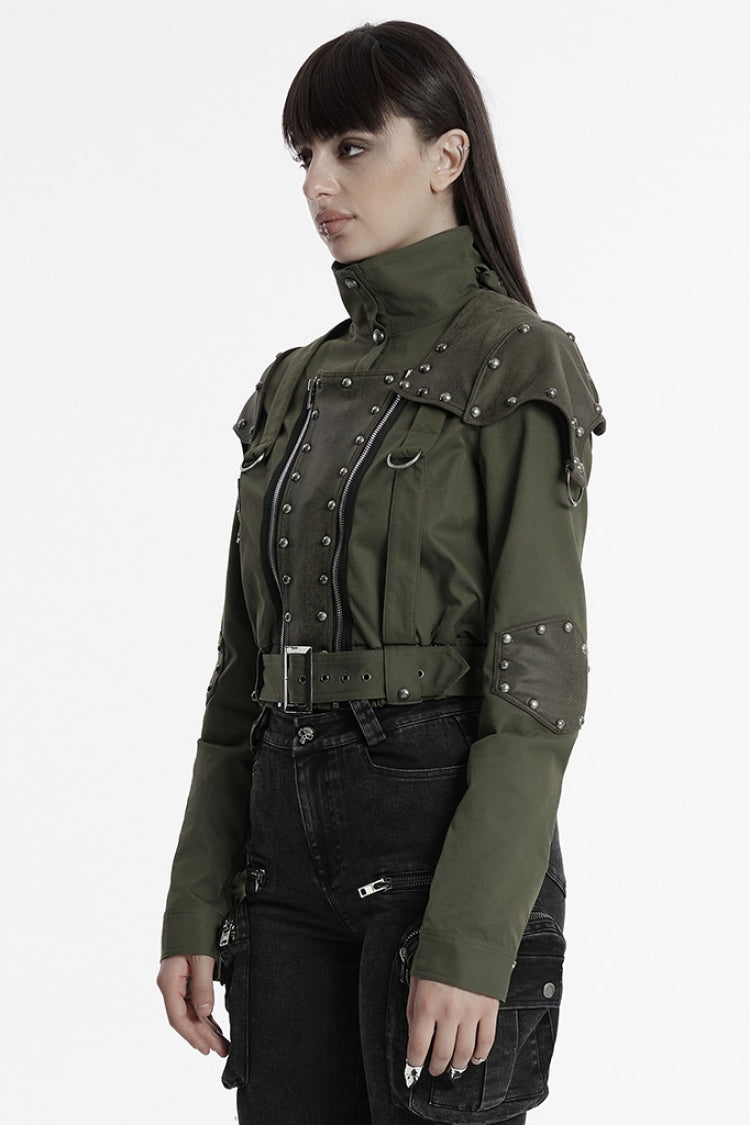 Green Stand Collar Long Sleeves Stitching Faux Leather Women's Gothic Military Jacket