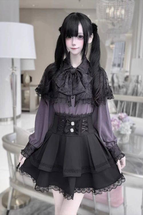 [Dark Moon Shadow] Long Sleeves Double-Layered Ruffled Embroidered Bow Lace-Up Gothic Jirai Kei Lolita Top + Skirt Set