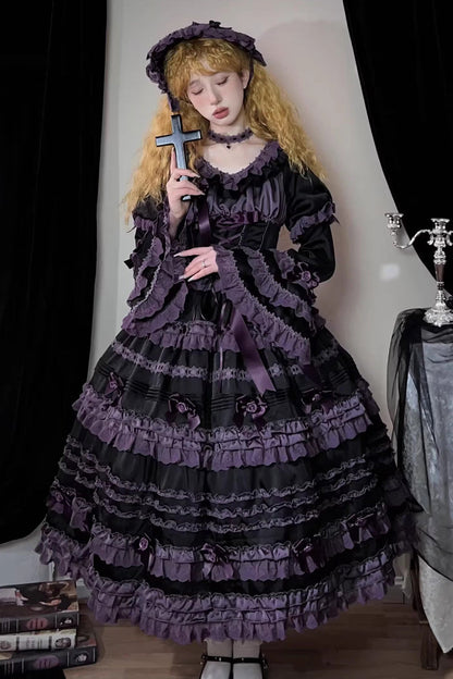 Black/Purple [Layered Blackcurrant] Short Sleeves Ruffle Bowknot Lace Sweet Lolita Dress