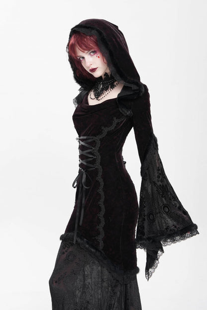 Black/Red Long Trumpet Sleeves Embroidery Stitching Lace Hooded Mesh Women's Gothic Dress