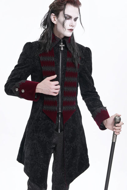 Black/Red Lapel Collar Long Sleeves Crochet  Men's Gothic Jacket