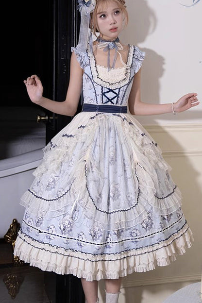 Blue [Swing Cat] Print Ruffle Bowknot Lace Sweet Elegant Lolita Jsk Dress