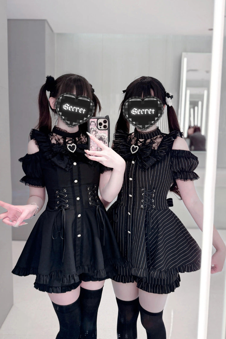 [Silver Candle Elegy”] Short Sleeves Printed Ruffled Cut-Out Bow Gothic Jirai Kei Top and Shorts Set 2 Colors