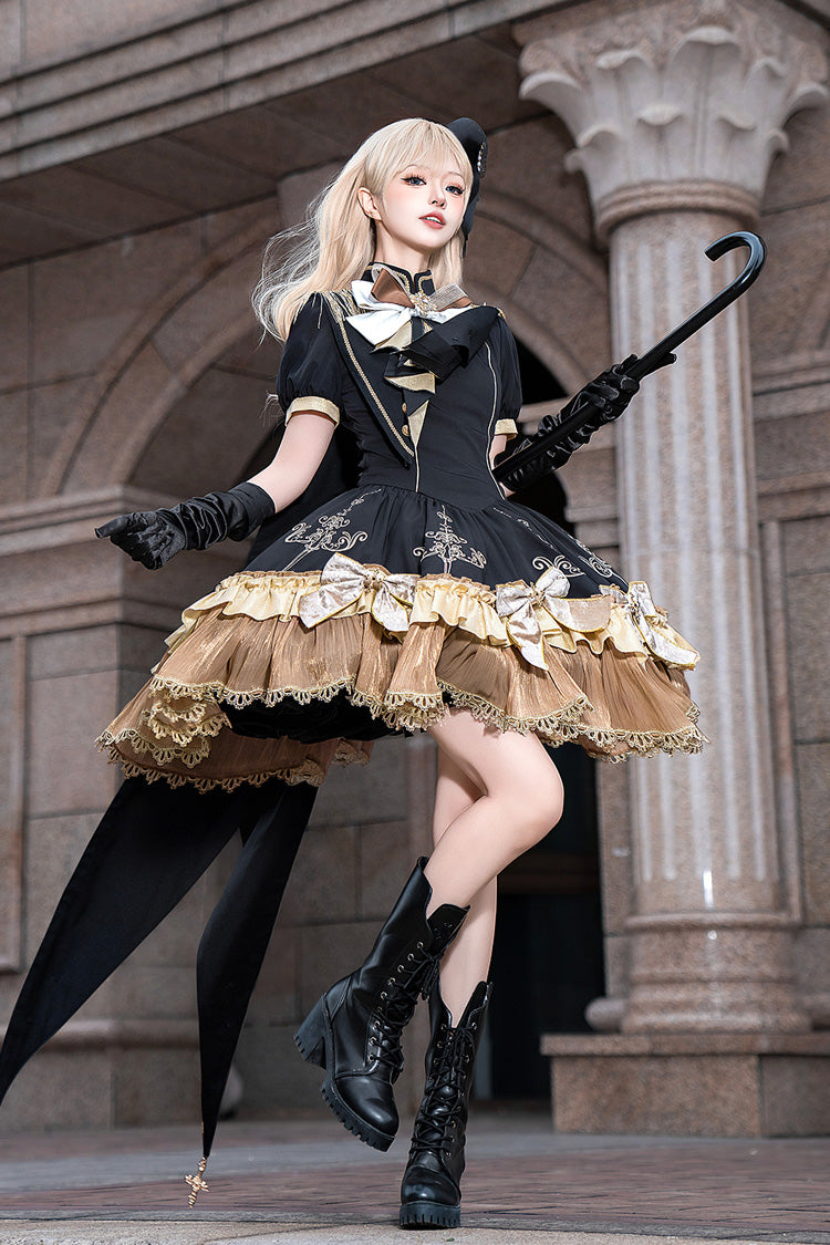 Black [Gilded Oath] Short Sleeves Double-Layered Ruffle Embroidery Bowknot Gothic Lolita Dress