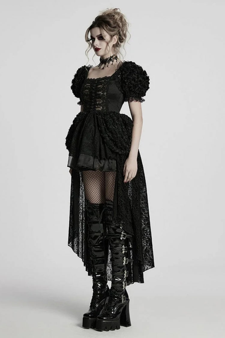 Black Square Collar Short Puff Sleeves Multi-Layered Women's Gothic Lolita High/Low Prom Dress