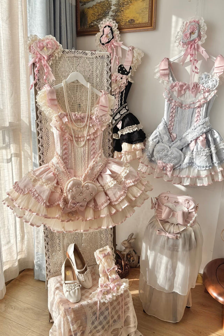 Blue Triple-Layered Ruffled Bow Lace-Up Slim Ballet Sweet Lolita Dress
