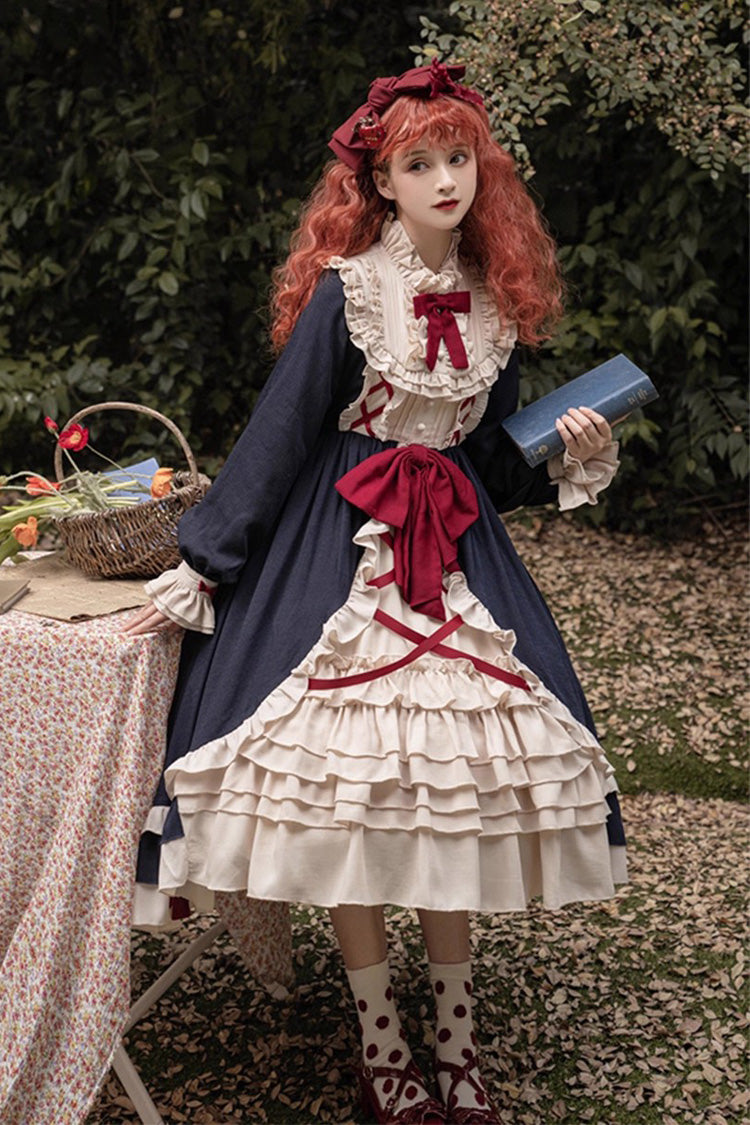 Blue Round Collar Bowknot Long Sleeves Multi-Layer Ruffled Sweet Lolita OP Dress