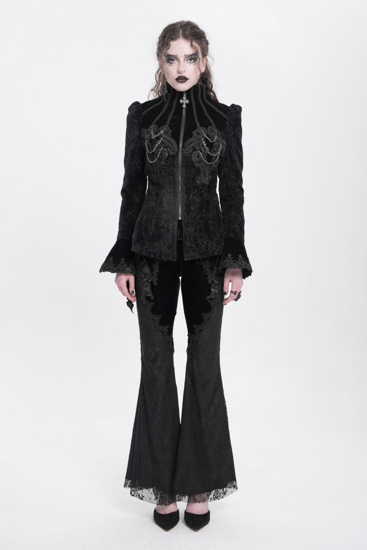 Black Stand Collar Long Trumpet Sleeves Embroidery Women's Gothic Jacket