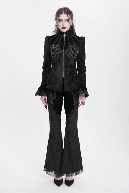 Black Stand Collar Long Trumpet Sleeves Embroidery Women's Gothic Jacket