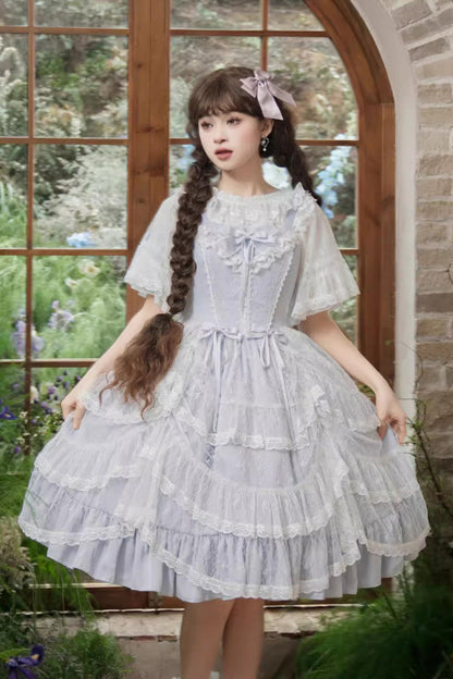 Blue Iris Love Multi-layer Jacquard Bowknot Sweet Elegant Princess Lolita Jsk Dress