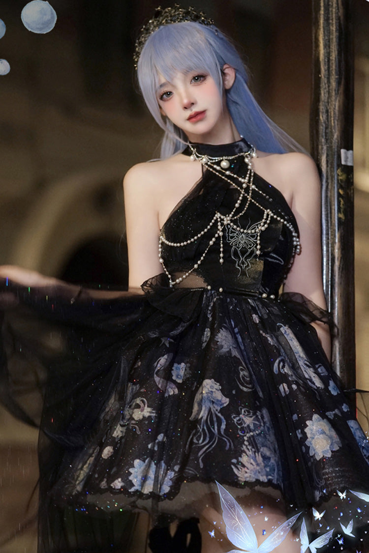Blue [Deep Sea Jellyfish] Halterneck Sleeveless Print Embroidery Bowknot Lace Sweet Elegant Lolita Jsk Dress