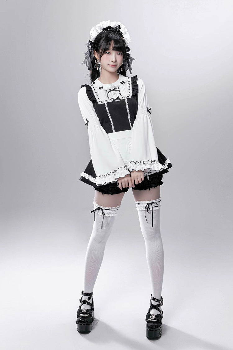Black/White [Showcase Doll] Japanese Maid-Style Long Sleeves Ruffle Bowknot Jirai Kei Japanese Dress Shorts Set with Detachable Apron