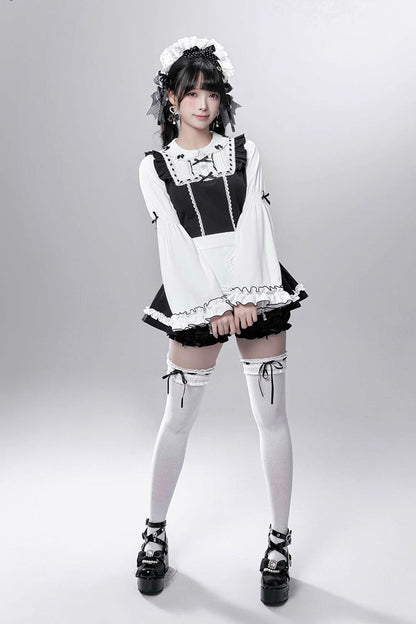Black/White [Showcase Doll] Japanese Maid-Style Long Sleeves Ruffle Bowknot Jirai Kei Japanese Dress Shorts Set with Detachable Apron