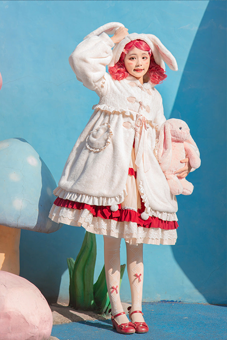 Ivory Long Ears Rabbit Ruffle Bowknot Hooded Daily Sweet Lolita Coat