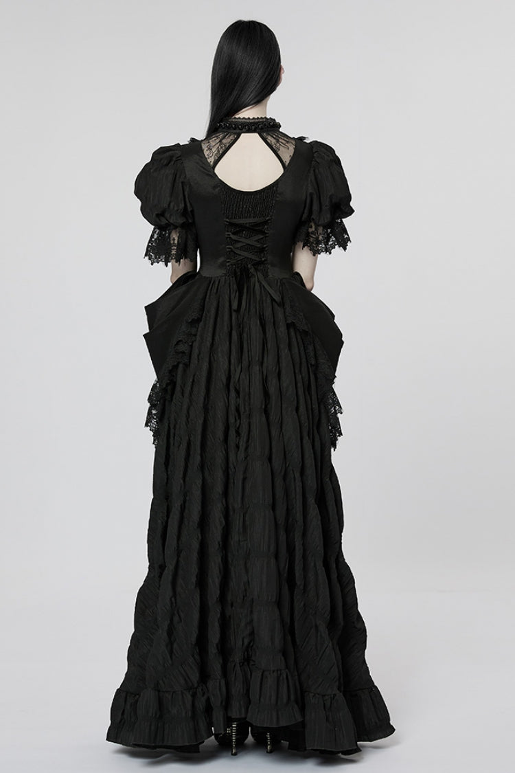 Black Short Puff Sleeves Ruffle Hanayome Stitching Lace Women's Gothic Dress