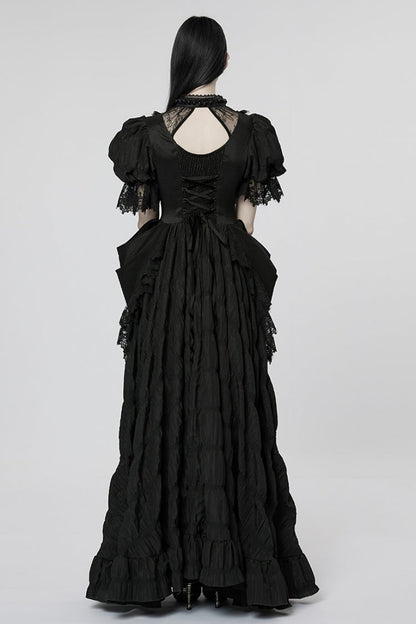 Black Short Puff Sleeves Ruffle Hanayome Stitching Lace Women's Gothic Dress