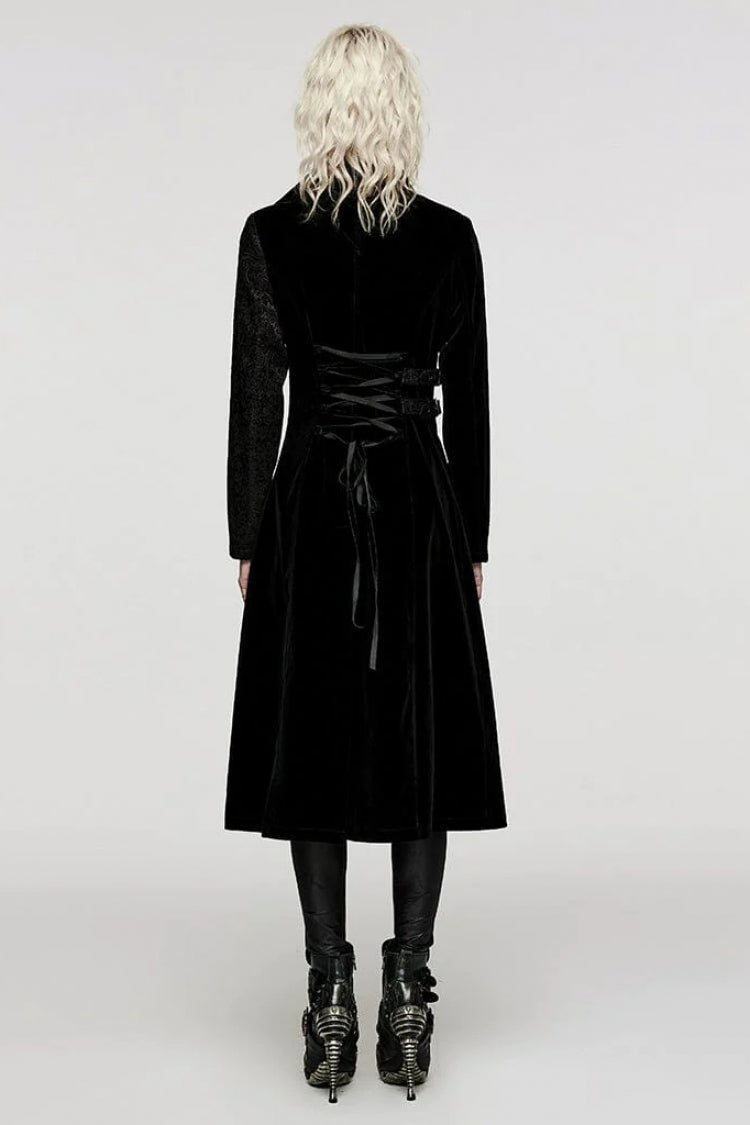 Black Stand Collar Jacquard Print Stitching Womens Gothic Coat