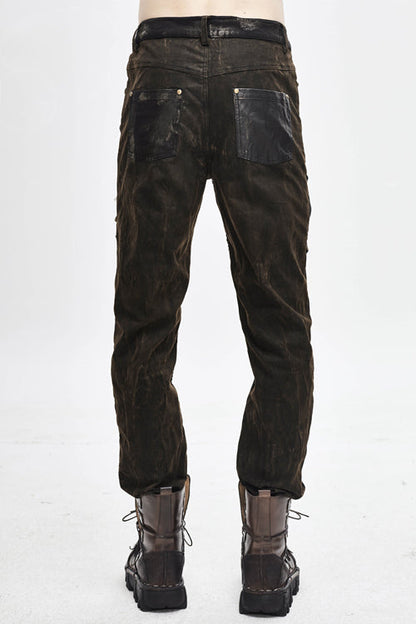 Brown Metallic Spiked Ragged Punk Slim Mens Pants