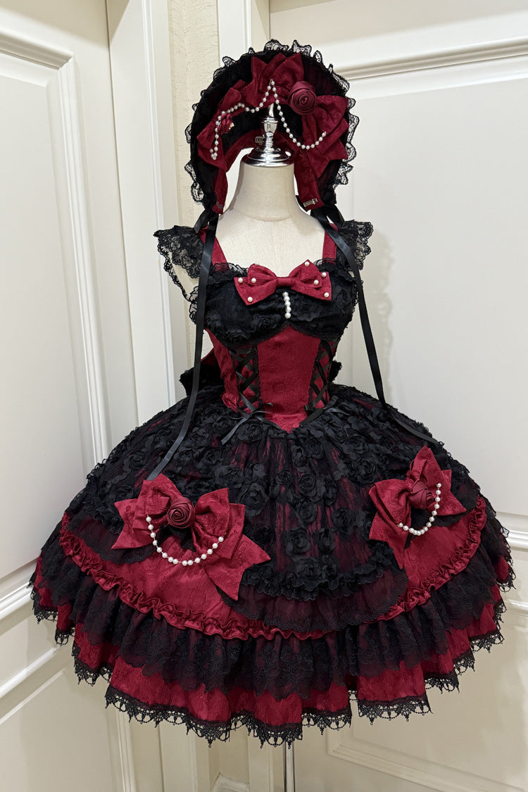 Black/Red [Rose Princess] Sleeveless Ruffle Bowknot Lace Lace-Up Gothic Ballet Lolita Jsk Dress
