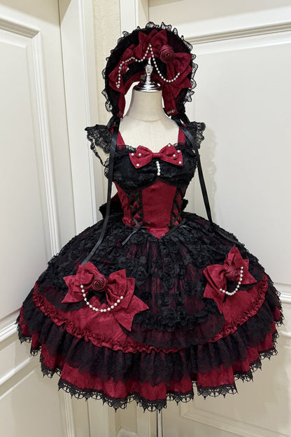 Black/Red [Rose Princess] Sleeveless Ruffle Bowknot Lace Lace-Up Gothic Ballet Lolita Jsk Dress