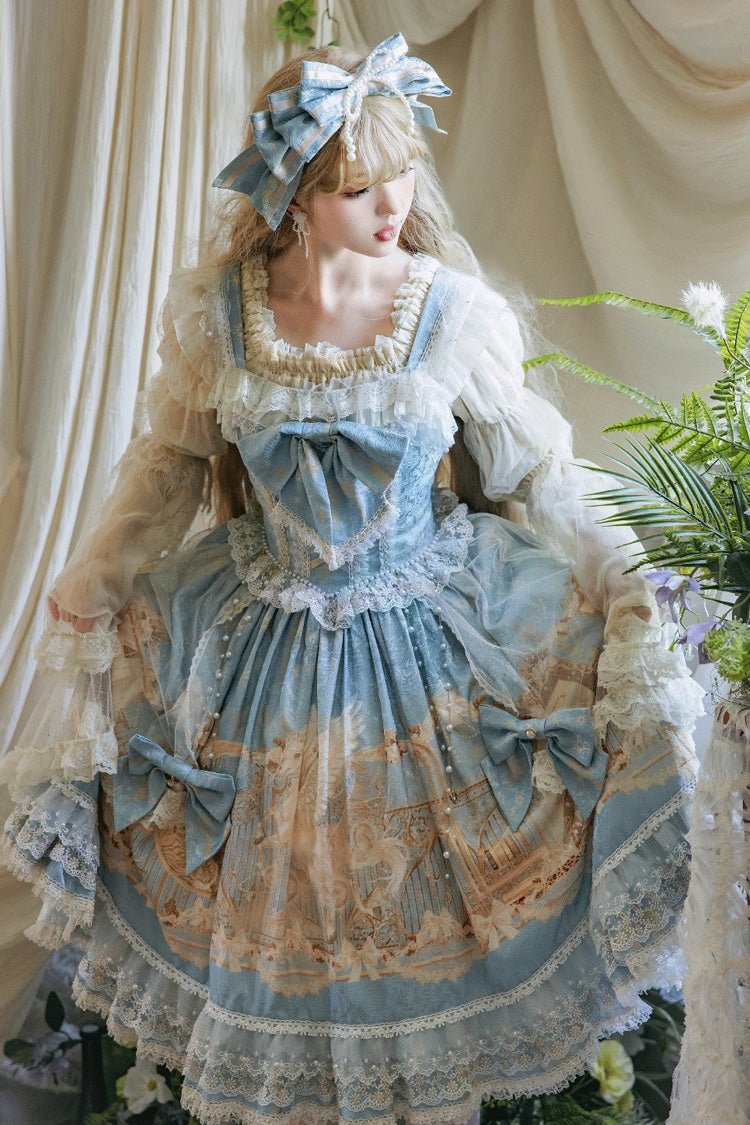 Blue [Unicorn] Print Sleeveless Multi-Layered Embroidery Bowknot Lace Sweet Lolita Jsk Dress