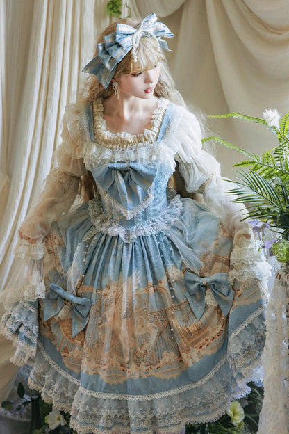 Blue [Unicorn] Print Sleeveless Multi-Layered Embroidery Bowknot Lace Sweet Lolita Jsk Dress