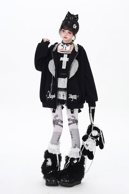 [Striped Bunny Ears] Long Sleeves Heart Print Embroidery Hooded Zipper Sweet Jirai Kei Cool Lolita Coat 2 Colors