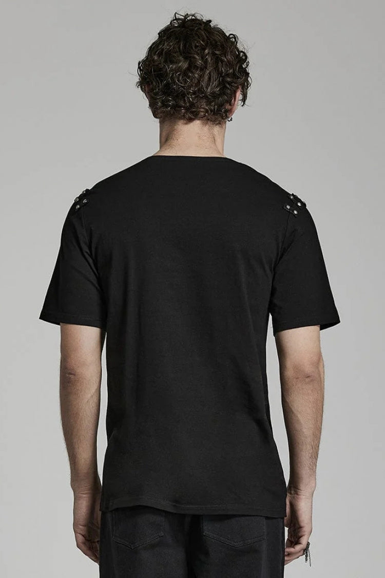 Black Short Sleeves Asymmetric Mens Daily Steampunk T-Shirt