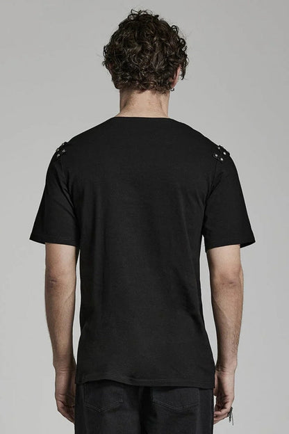 Black Short Sleeves Asymmetric Mens Daily Steampunk T-Shirt