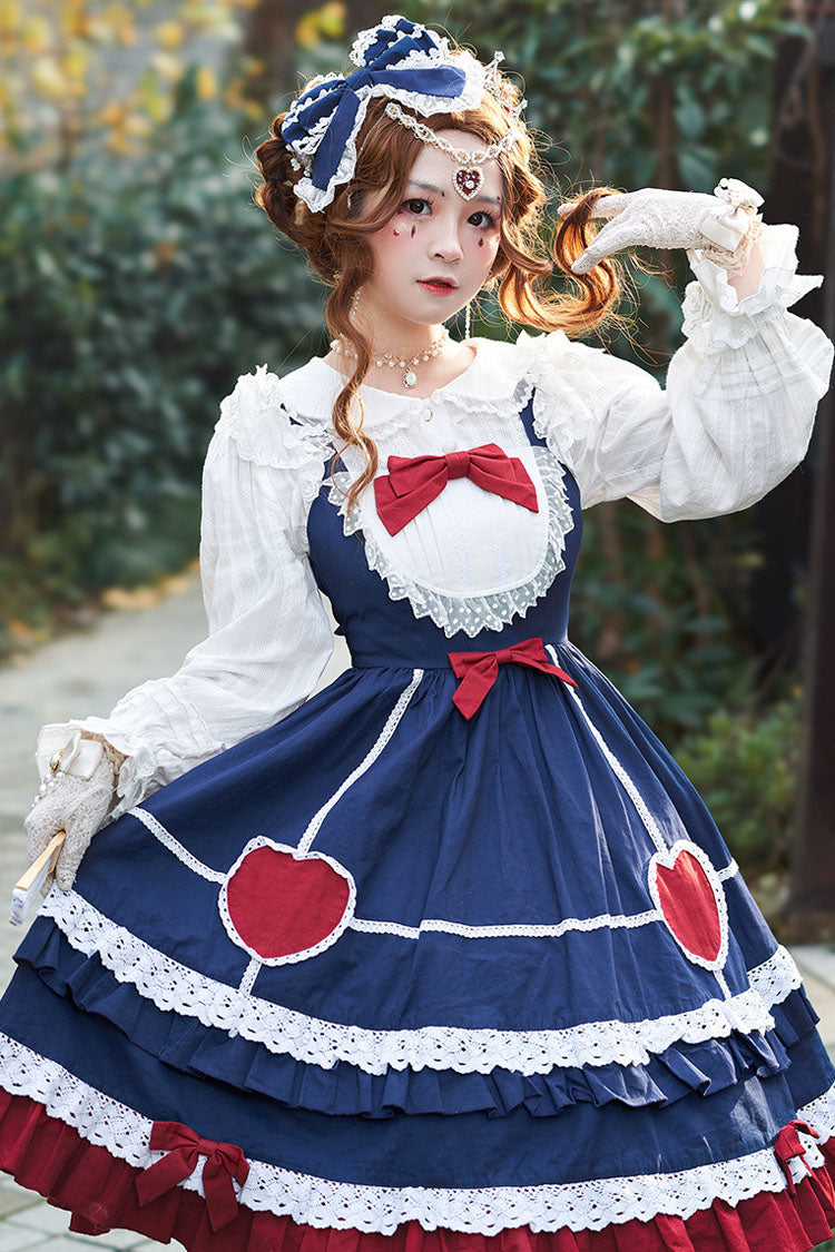Blue Lace Stitching High Waisted Bowknot Ruffled Sweet Lolita Jsk Dress